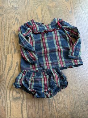 Ruffle Butts Navy Plaid Ruffle Collar Top with Red & Green Stripes
